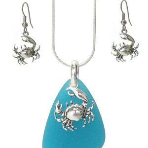 Crab Necklace and Earrings Set Sea Glass Silver Plate Beach Ocean Shore